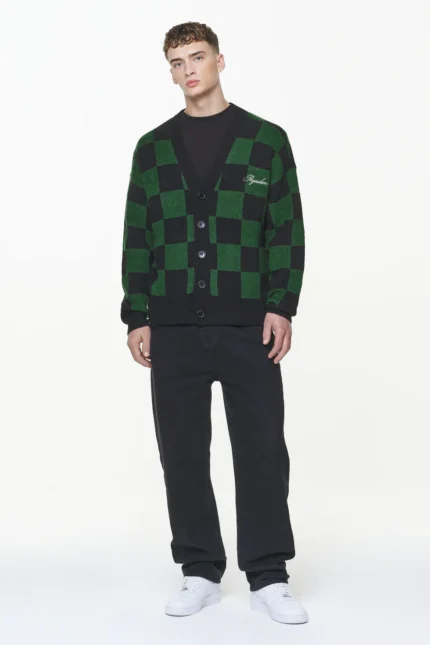 Todd Checkered Knit Cardigan Onyx Black British Green